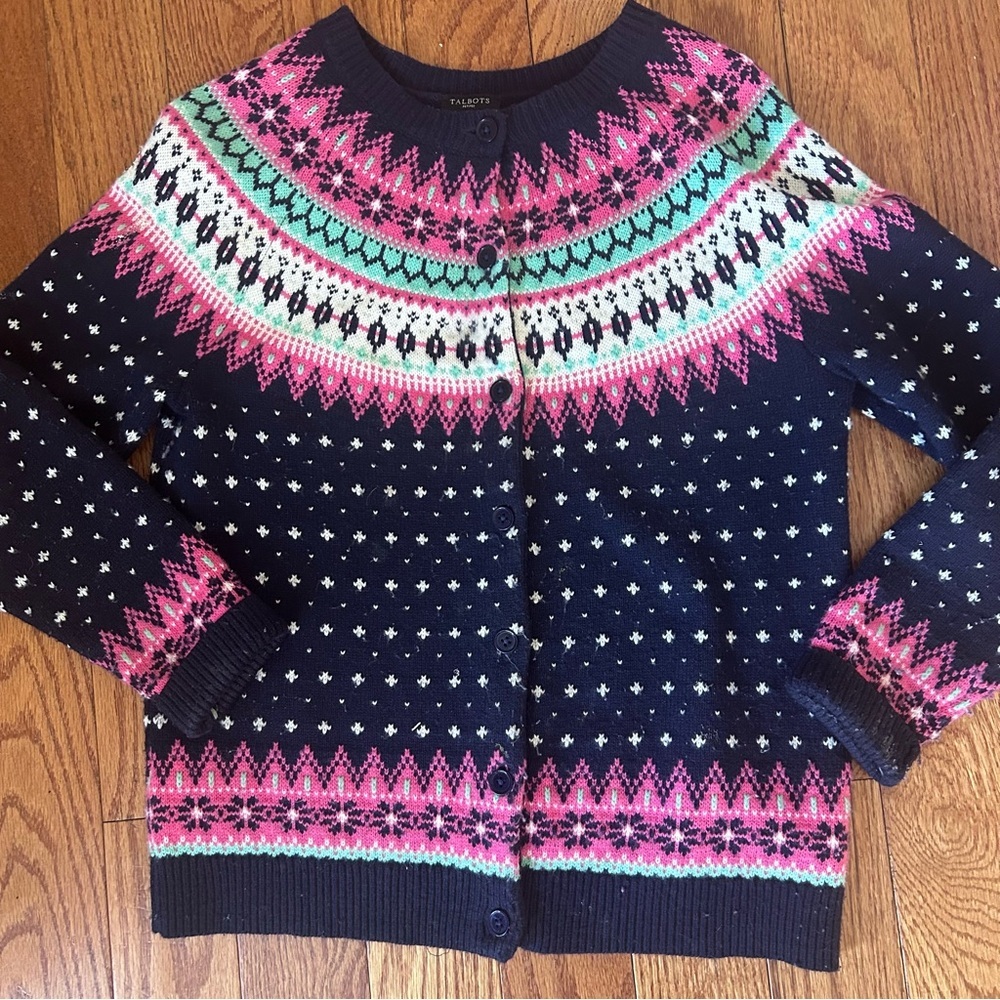 NWT Talbots Falling Snow Fair Isle Lambswool Blend Cardigan MP Preppy Nordic - Picture 6 of 11